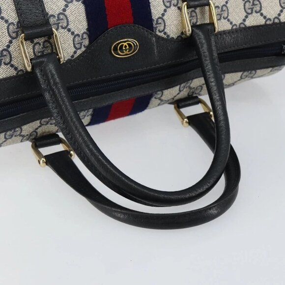 GUCCI GG Supreme Sherry Line Boston Bag PVC Navy Gold Red 40 3842 Auth BA5638 - Picture 8 of 16